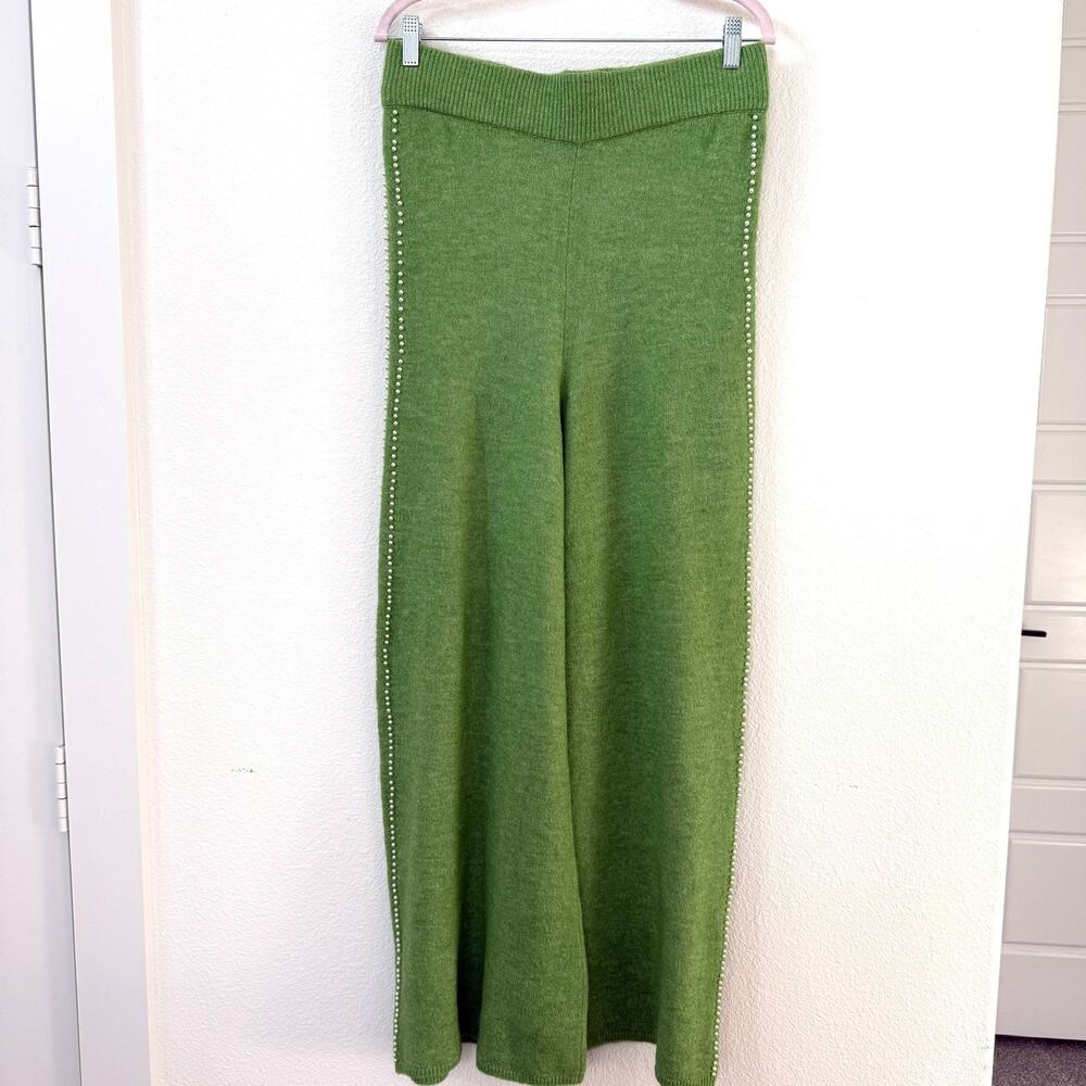 WHY DRESS Pearl Trim Wide Leg Knit Pants Green Pull On Stretch XXL‎ Cozy Chic